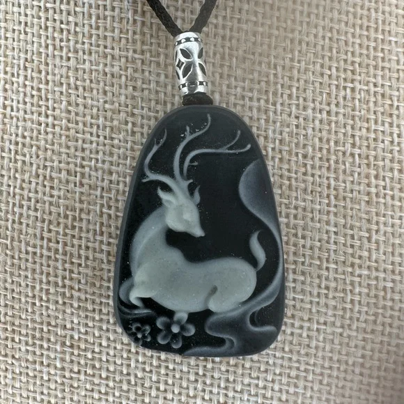 Tai Chi Stone Deer Pendant Necklace, Sterling Silver Accent on Adjustable Rope - Picture 3 of 9